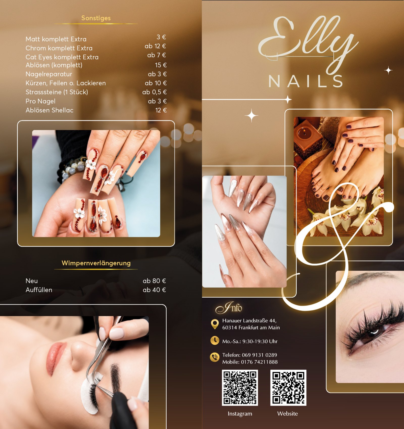 G.N.S Preisliste mit Wimpernverlängerung, Studio-Info und Kontakt